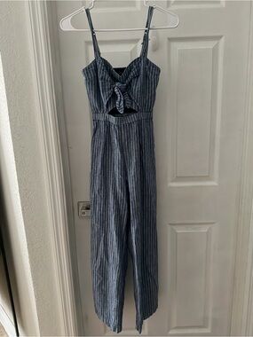 Abercrombie & Fitch Navy and White Pinstripe Tie-Front Spaghetti-Strap Jumpsuit